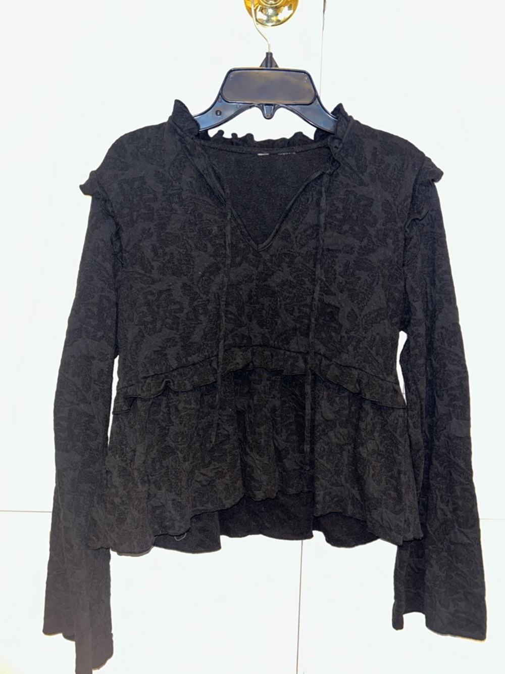 aerie Black Textured Ruffle-Trim Long Sleeve Top